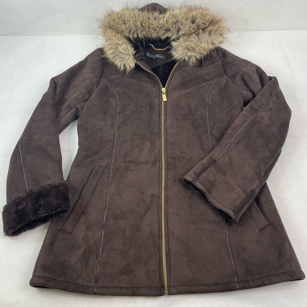SIZE SMALL ELLEN TRACY FAUX FUR & SUEDE HOODED FULL ZIP JACKET BROWN